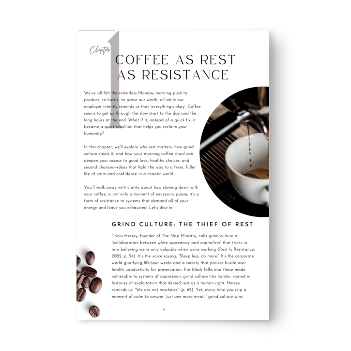 Book page with text and coffee imagery on a white background