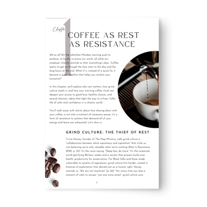 Book page with text and coffee imagery on a white background