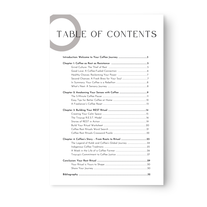 Table of contents for a book on coffee, with a white background and black text.