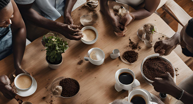 group of men and women of African descent gathered around a table sharing in the task of making and drinking coffee.