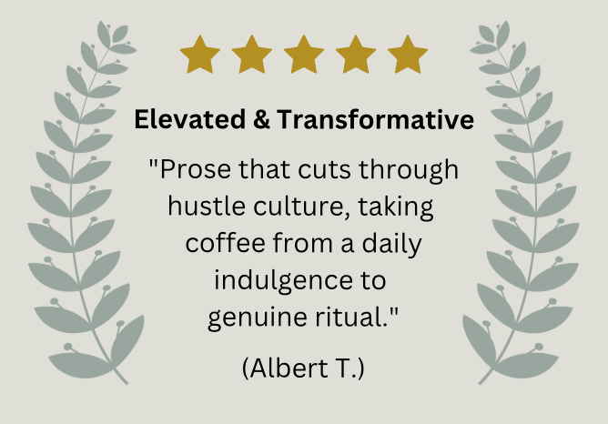 A digital graphic featuring a five-star rating at the top, followed by the quote 'Elevated & Transformative' and a quote attributed to Albert T. The text is centered on a light gray background with decorative gray leafy branches on both sides.